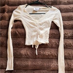 Princess Polly Cream Ribbed Drawstring Long-Sleeve Crop Top
